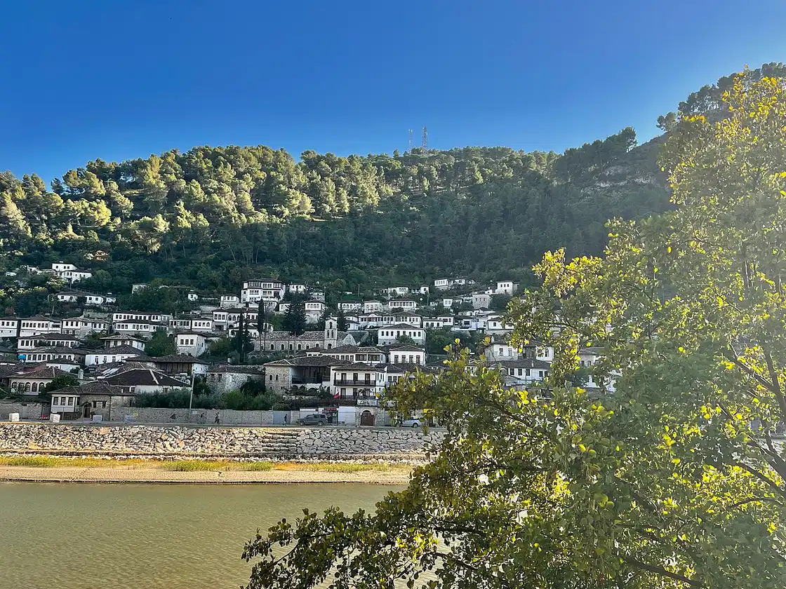 The white windowed Ottoman houses of the Gorica quarter in Berat climbing the wooded hillside above the river