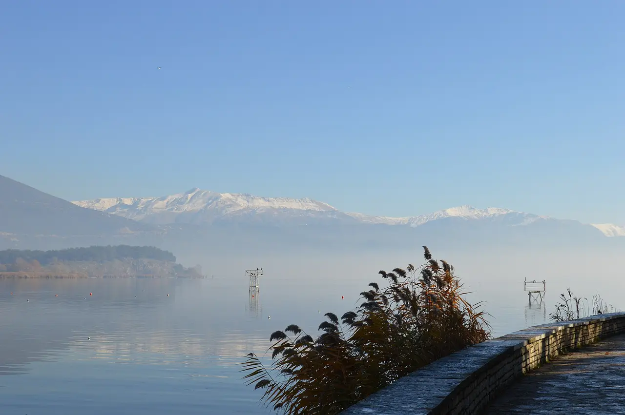 Lake Pamvotis at Ioannina with mountains rising beyond the water