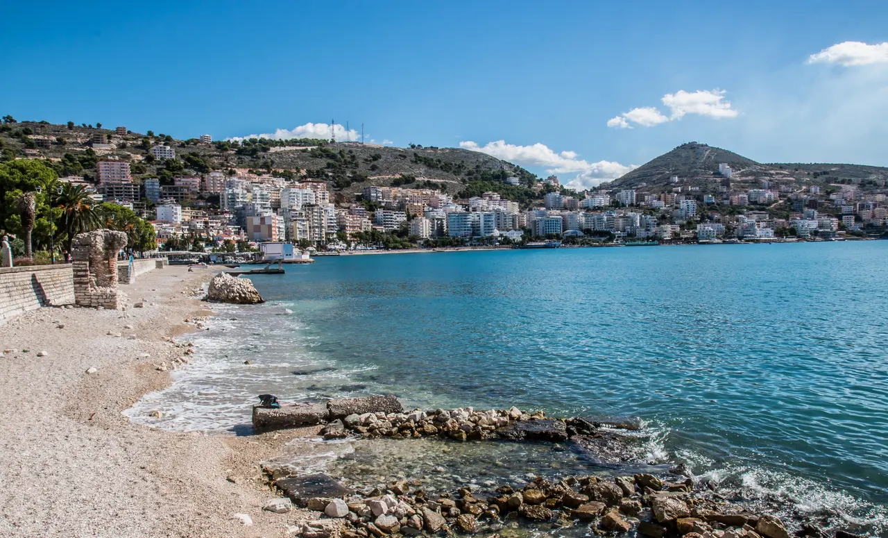 The town of Saranda spread along its bay on the Albanian Riviera