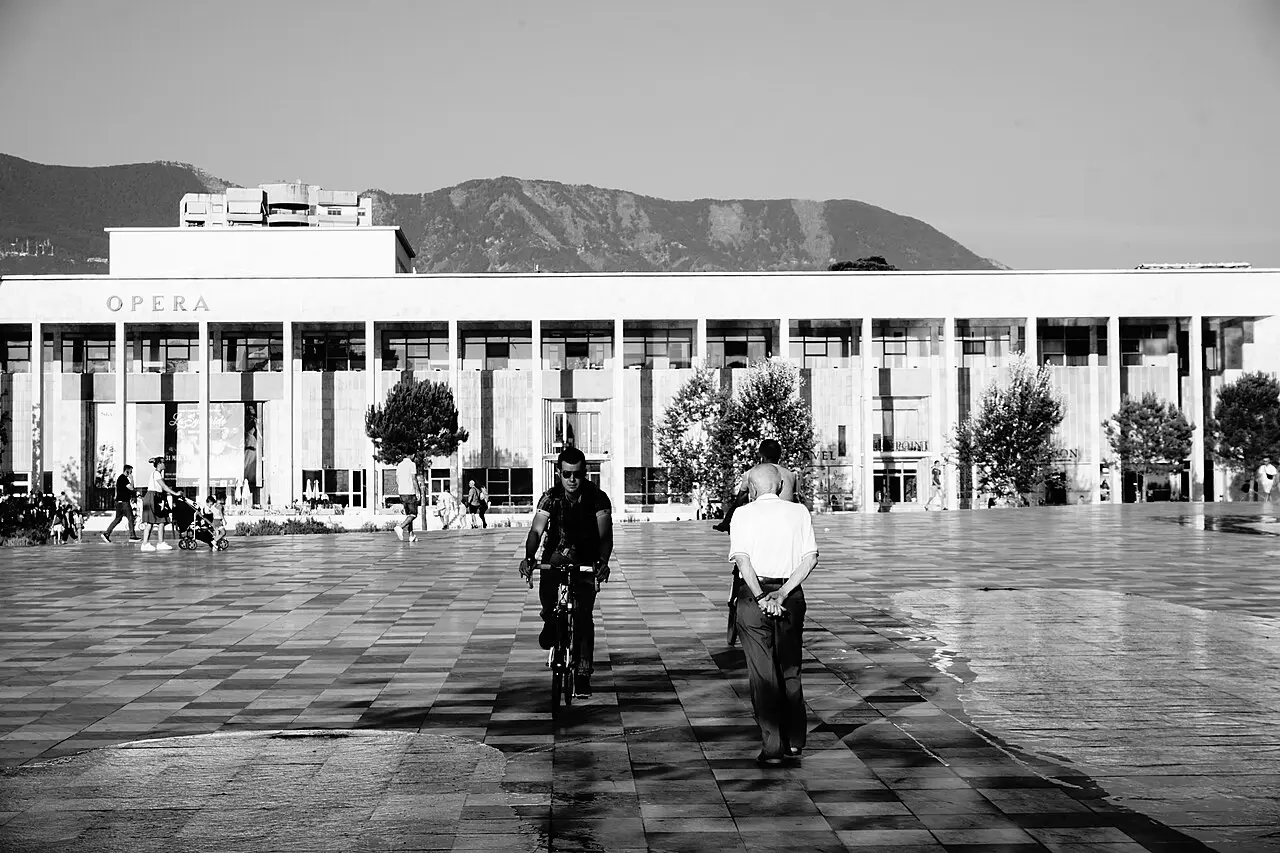 Skanderbeg Square in central Tirana with surrounding buildings and the open plaza