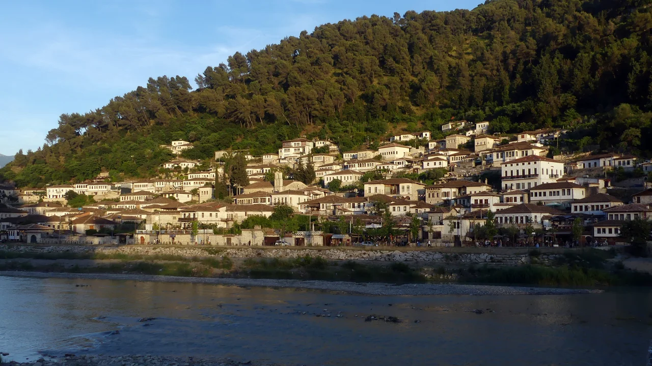 White Ottoman houses of Berat climbing a wooded hillside above the Osum river under a clear sky, the UNESCO city of a thousand windows