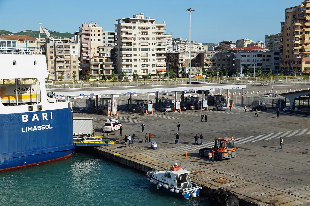 A ferry at the harbour landing in Durrës, Albania's main Adriatic port