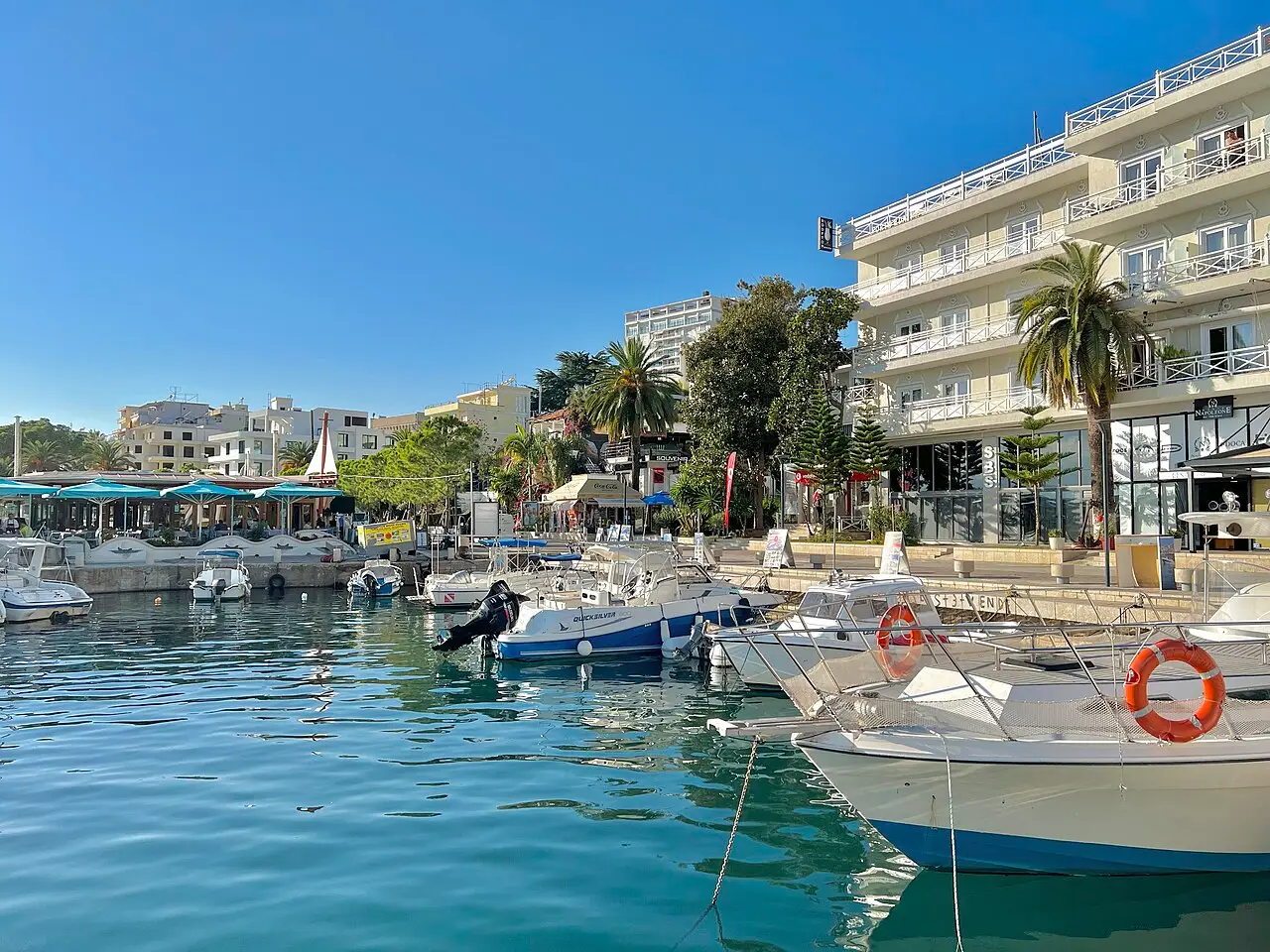 Boats moored at the harbour in Sarandë on the southern Albanian coast