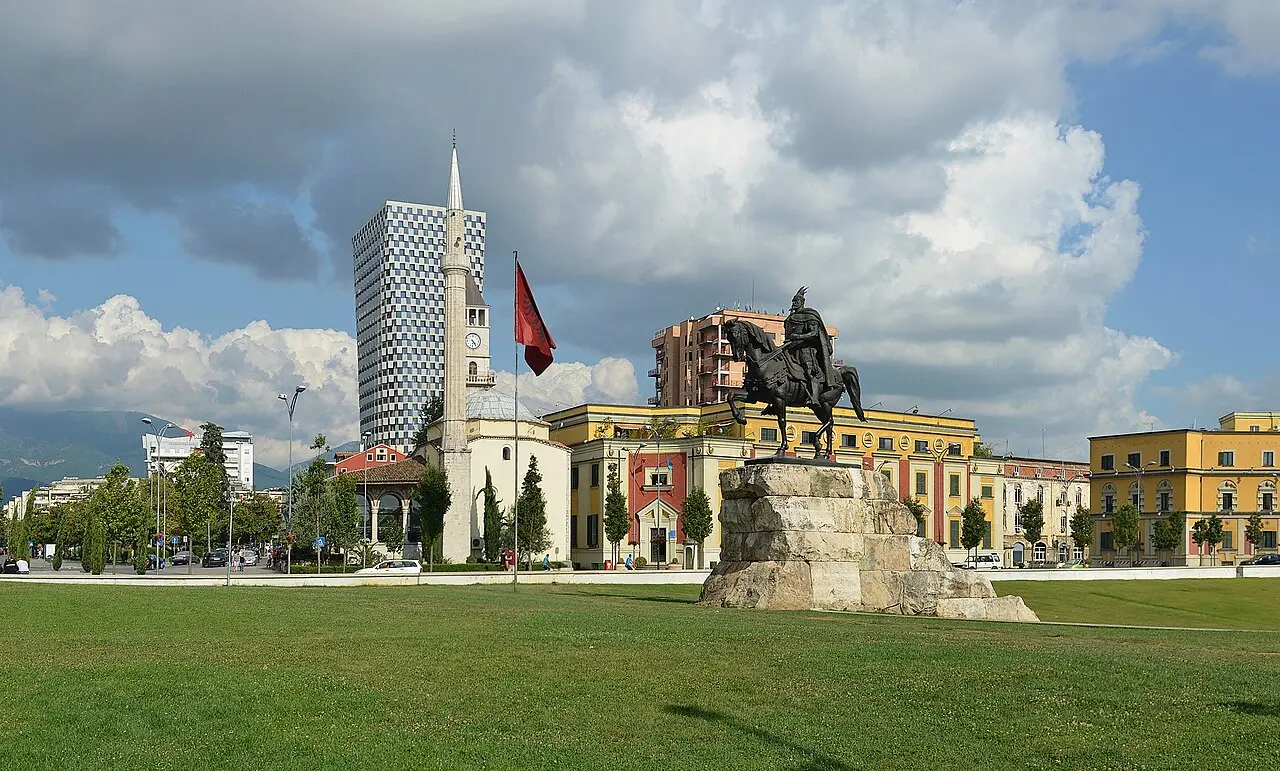 Skanderbeg Square in central Tirana, with the National History Museum and minaret of the Et'hem Bey Mosque
