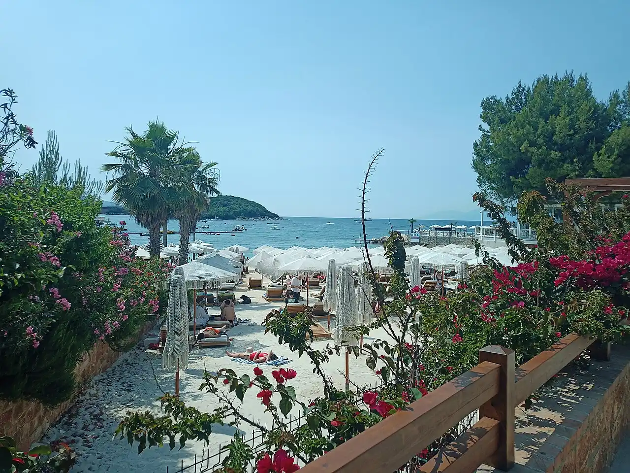 The turquoise water and small islands of Ksamil on the Albanian Riviera, looking like a Greek island beach