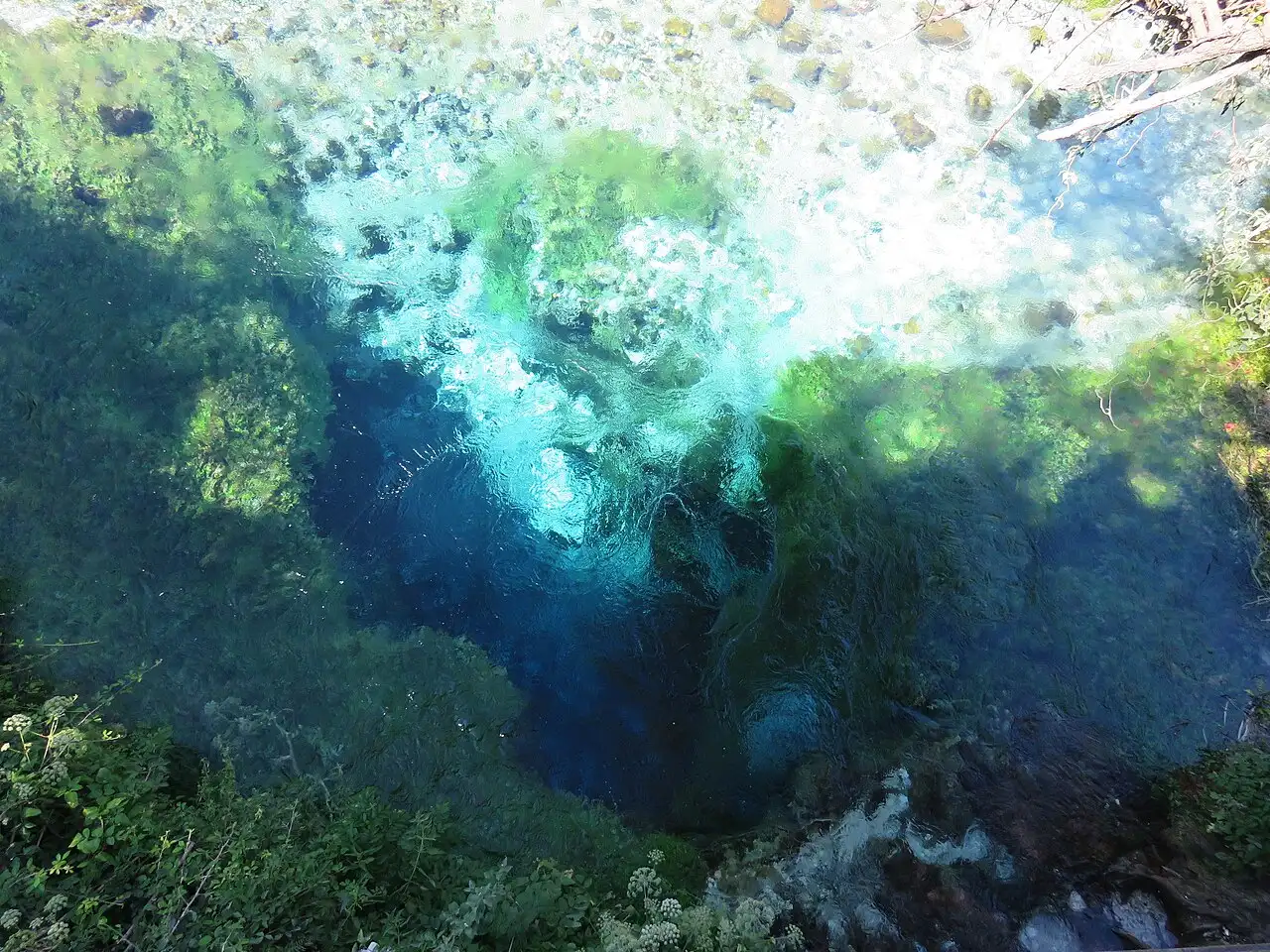 The deep blue centre of the Blue Eye spring ringed by clear green-blue water