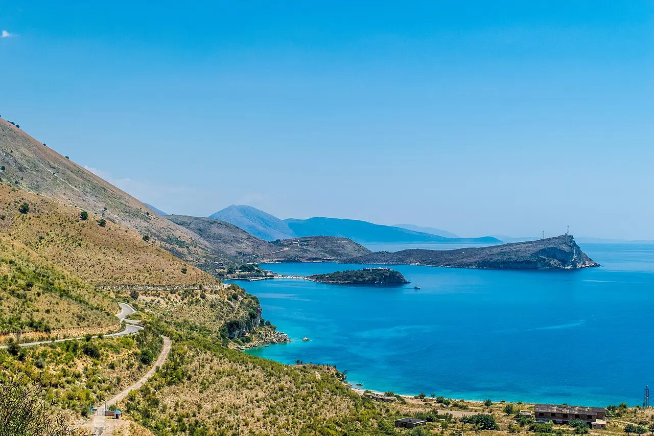 Porto Palermo bay with its castle peninsula and a small wooded islet on the Albanian Riviera