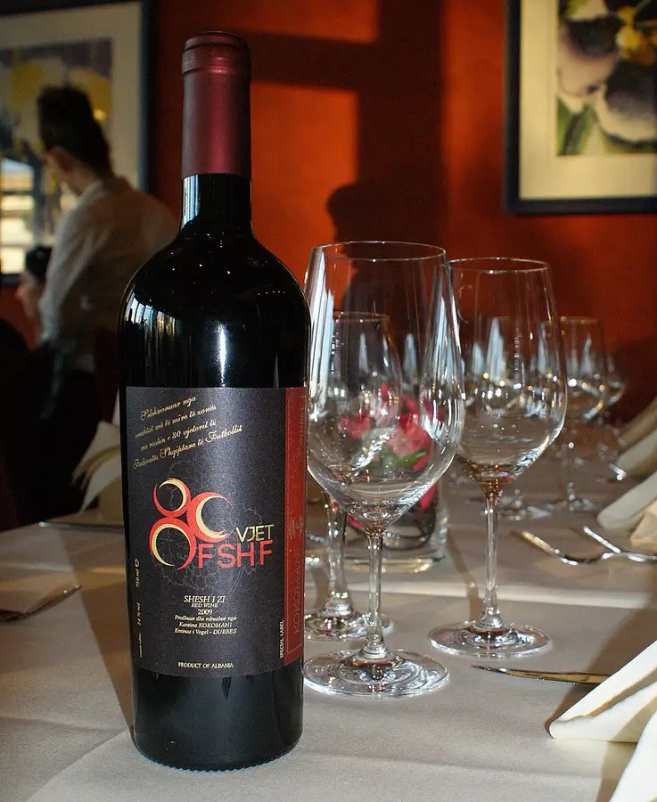 A bottle of Albanian Shesh i Zi red wine