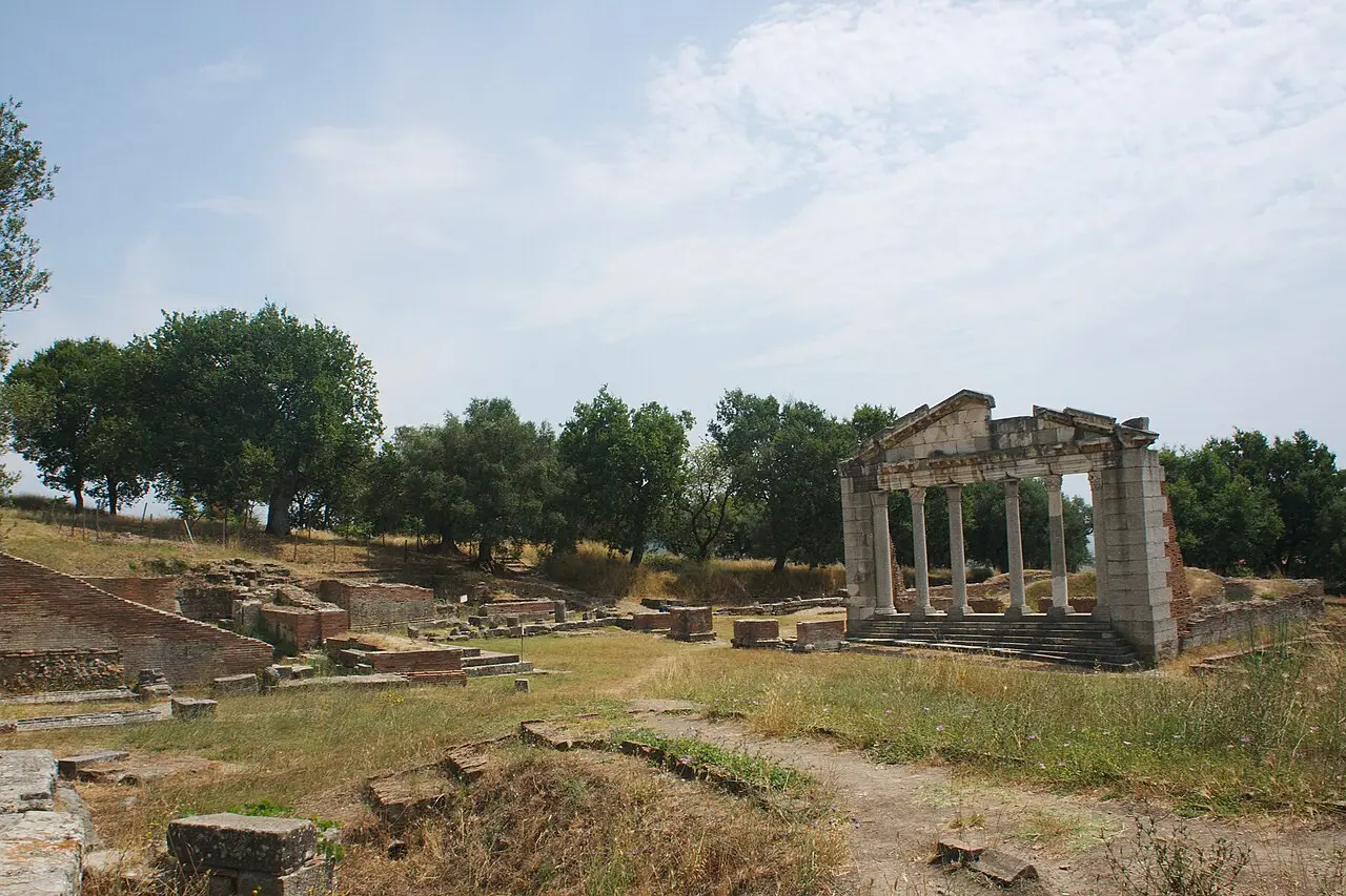 Wide view of the Apollonia site with the theatre steps on the left and the columned monument on the right among olive trees