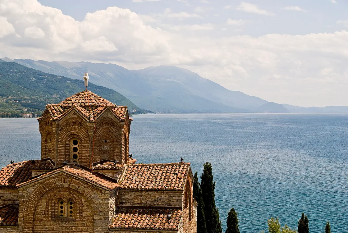 The church of Sveti Jovan at Kaneo on its cliff above the clear blue water of Lake Ohrid