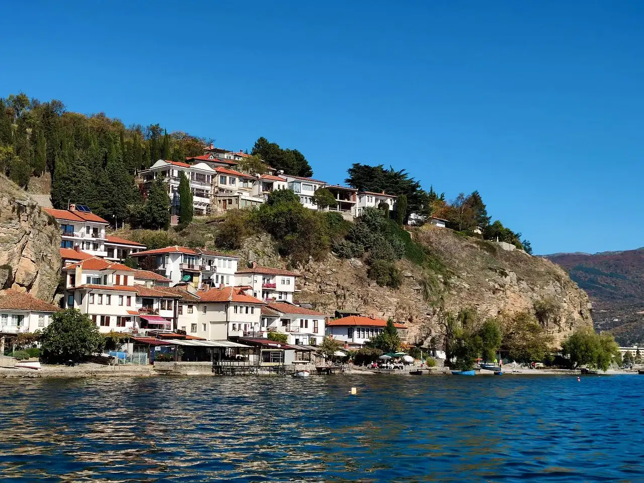 Lake Ohrid with the old town of Ohrid on the hillside above the water