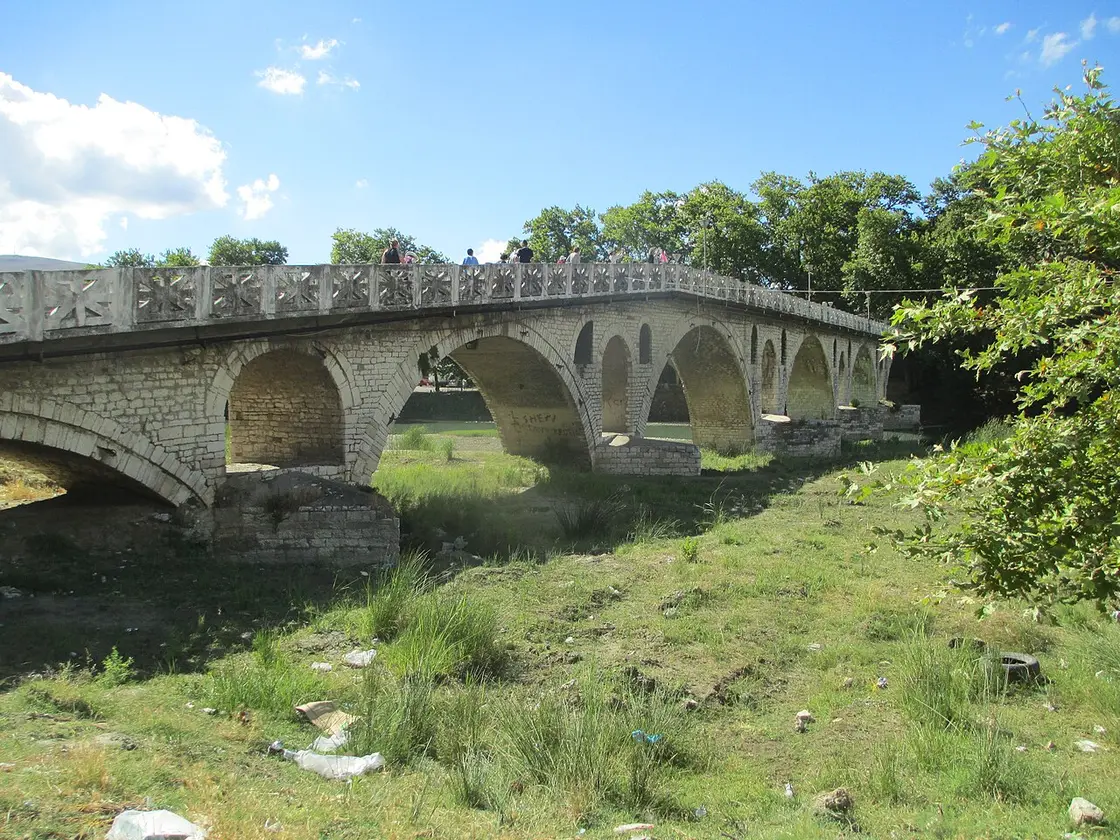 The arched Ottoman stone footbridge of Gorica crossing the Osum river in Berat