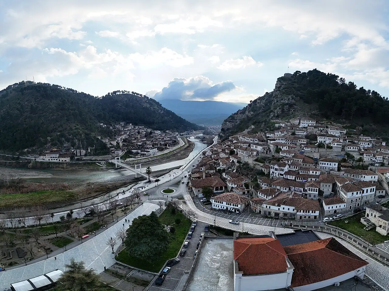 Panorama of the Mangalem and Gorica quarters of Berat facing each other across the Osum valley
