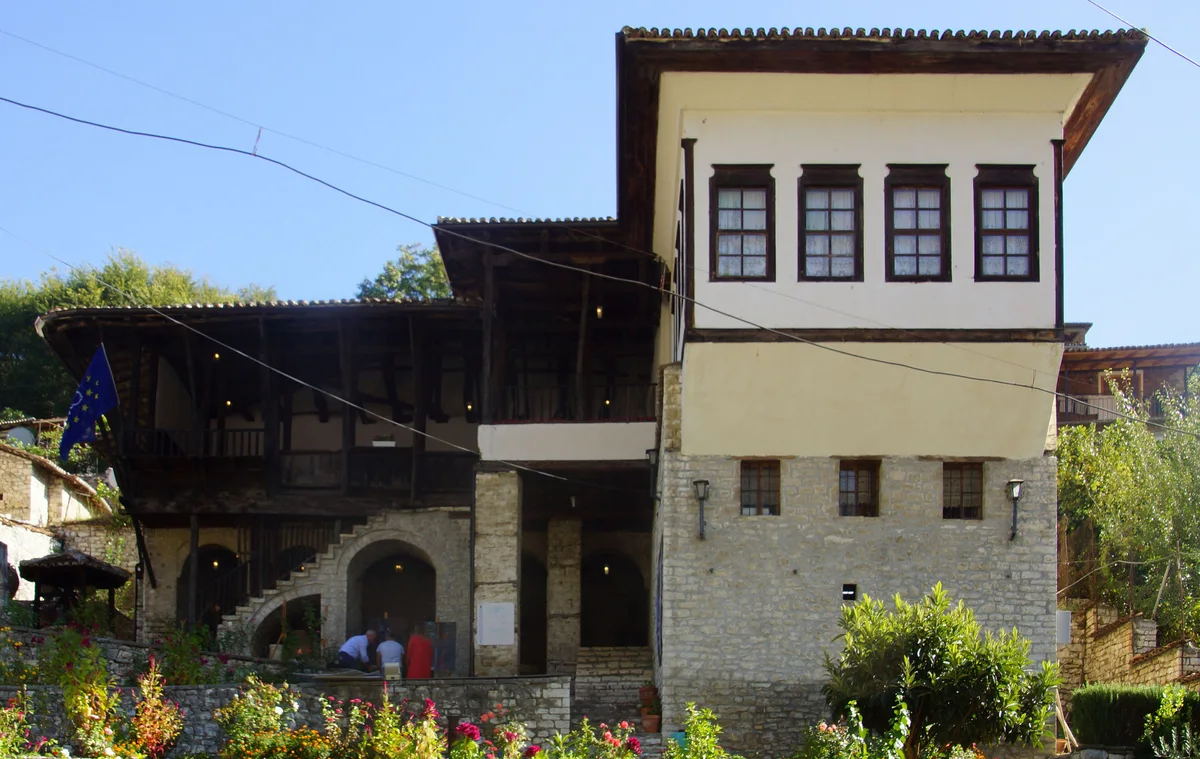 The stone and timber Ottoman house of the Ethnographic Museum in Berat, seen from the street