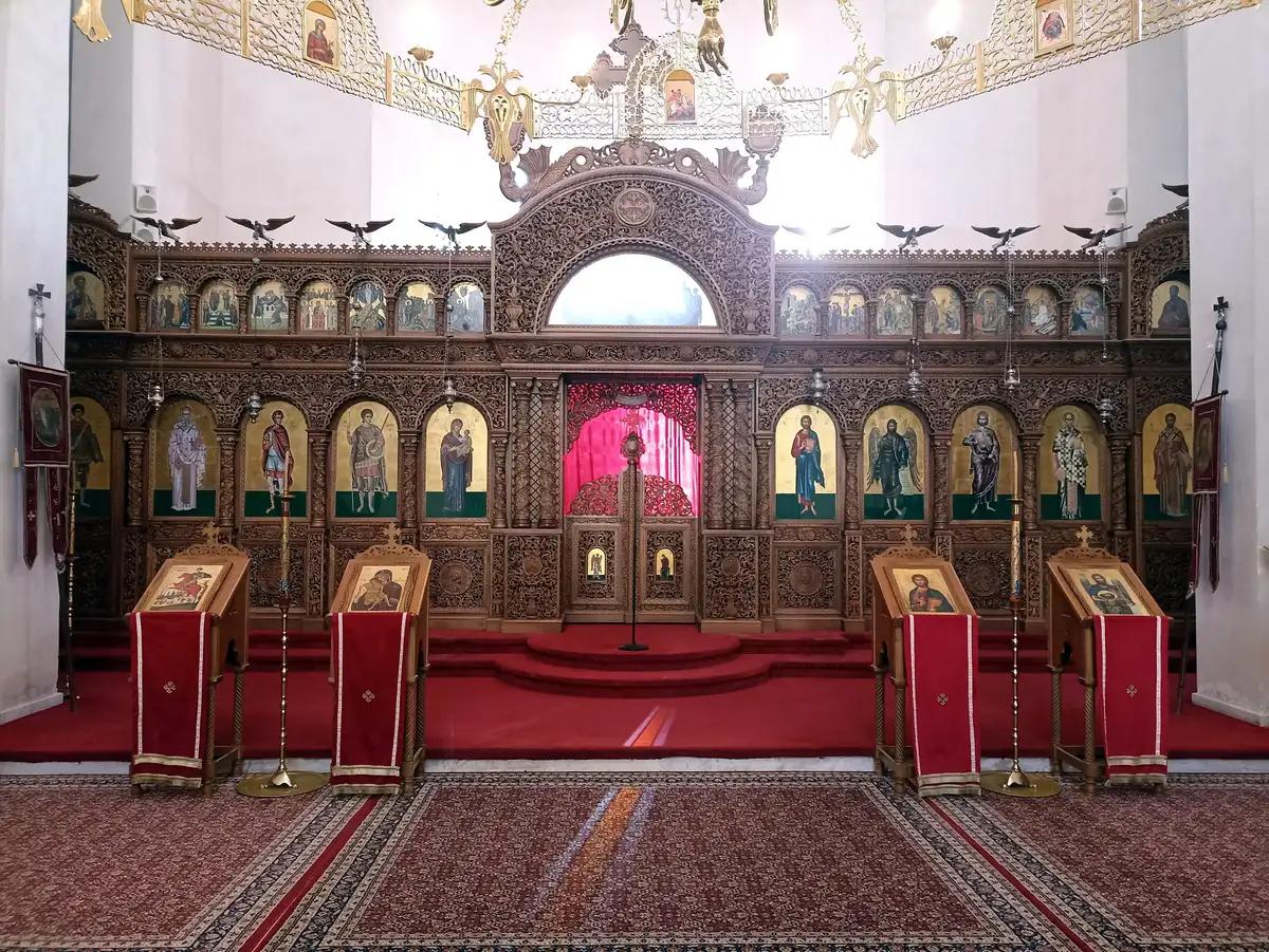The carved and gilded iconostasis screen inside the Dormition of St Mary church in Berat