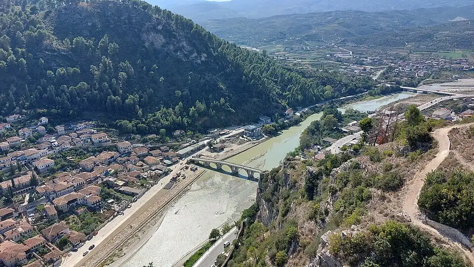 The stone Gorica bridge spanning the Osum river between Berat old quarters, seen from the castle side