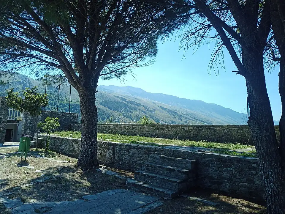View from Gjirokaster castle over the stone roofs of the old town and the Drino valley beyond