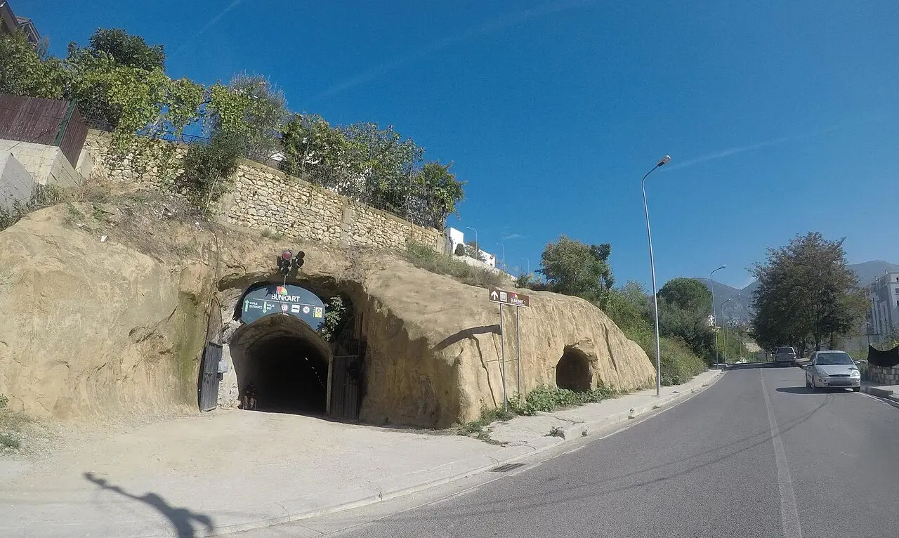 The road tunnel entrance to Bunk'Art 1 cut into a hillside on the edge of Tirana