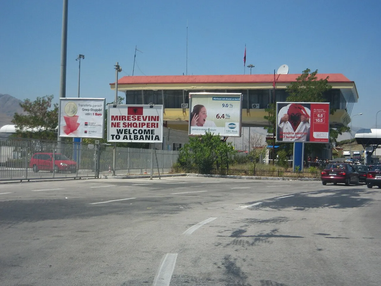 Welcome to Albania road sign at the Greek-Albanian border approach