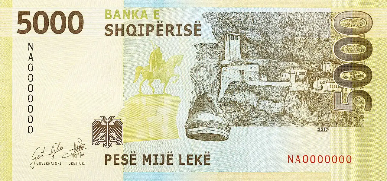 The reverse of a 2019-series Albanian 5,000 lek banknote