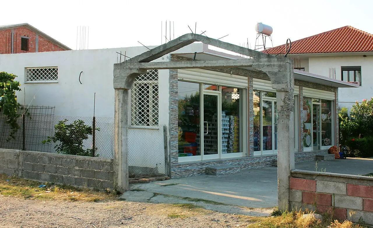 A small roadside grocery shop in the village of Fushe Kuqe in Albania