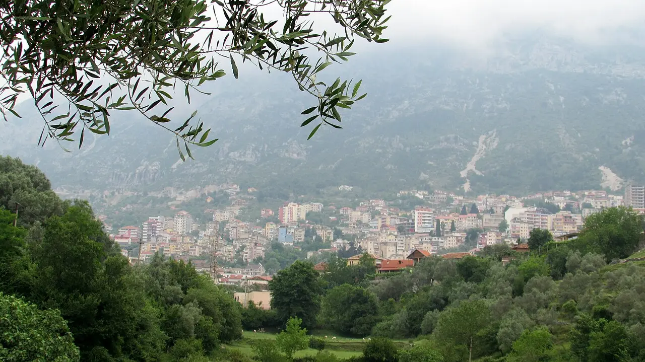 Kruja castle and old town stacked on the mountain ridge above the coastal plain