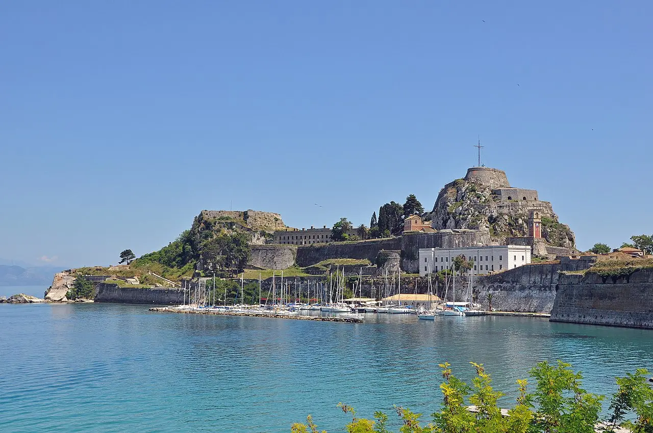 The Old Fortress of Corfu Town seen across the water with its bastions and sea walls