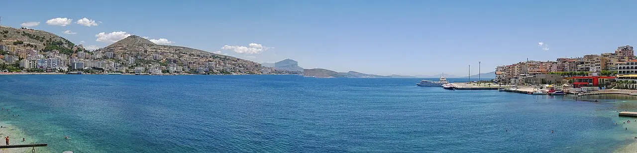 Panorama of Saranda town wrapped around its bay on the Albanian Riviera