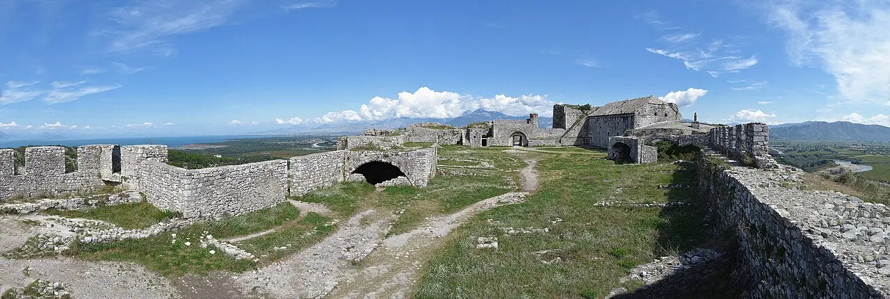 Rozafa Castle on its hill above the rivers and plain outside Shkodra in northern Albania