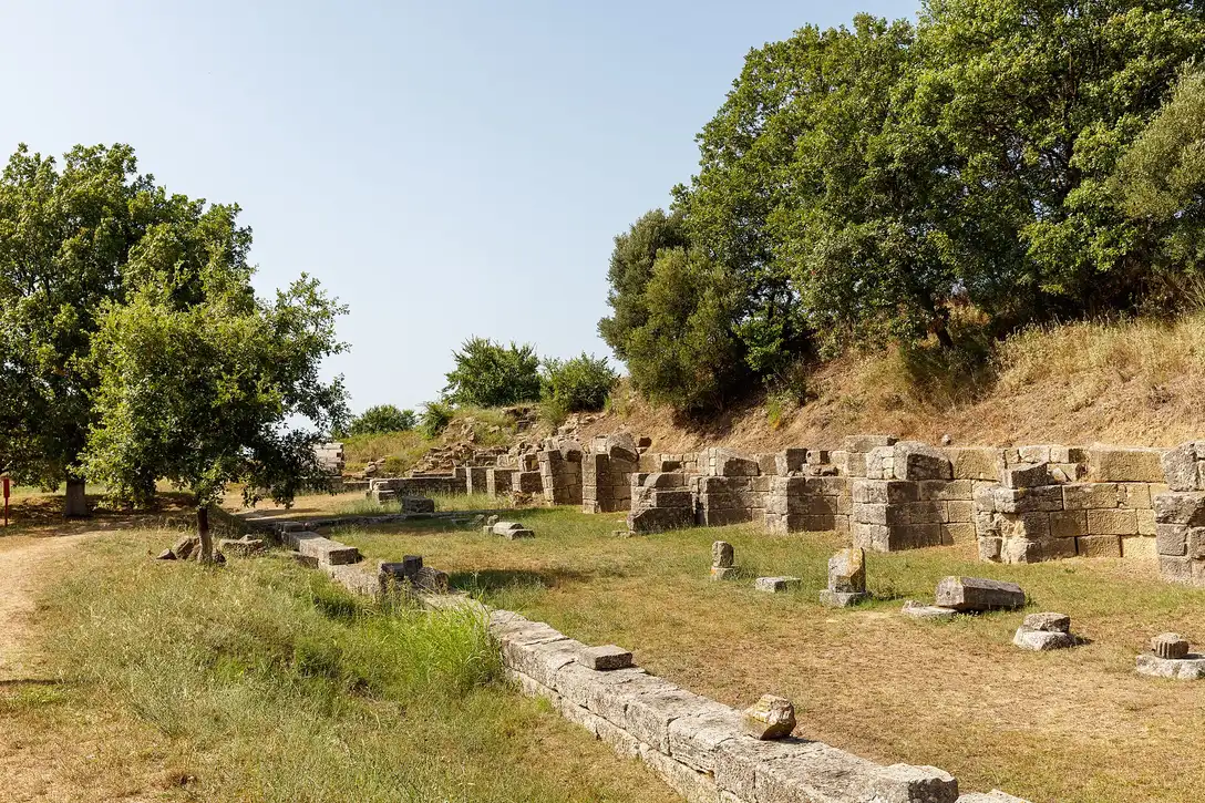 The excavated agora and ruins of the ancient city of Apollonia among olive trees