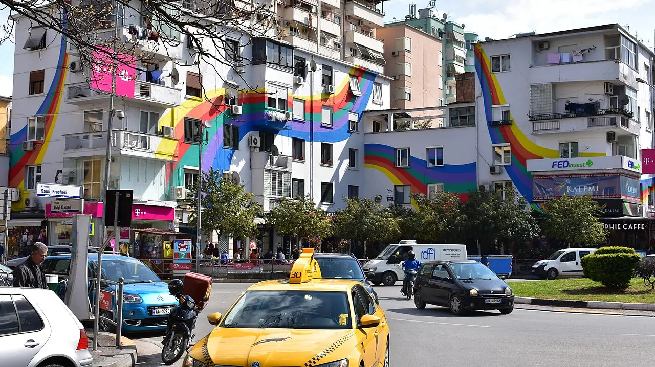 Colourful buildings in central Tirana