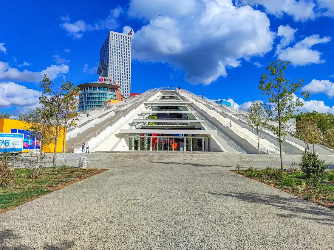 The renovated Pyramid of Tirana, a concrete landmark turned tech and education hub