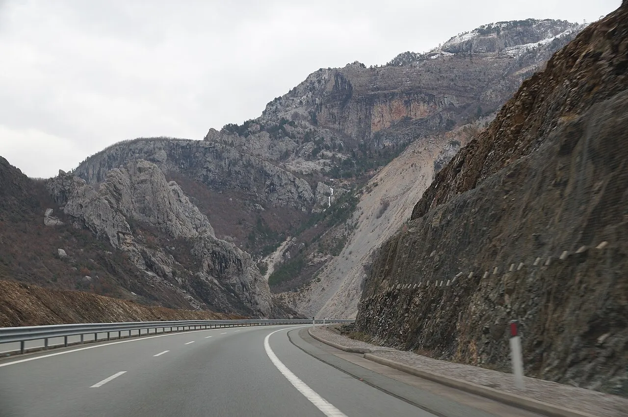 The A1 Nation's Highway sweeping through the rocky Mirdita mountains of northern Albania