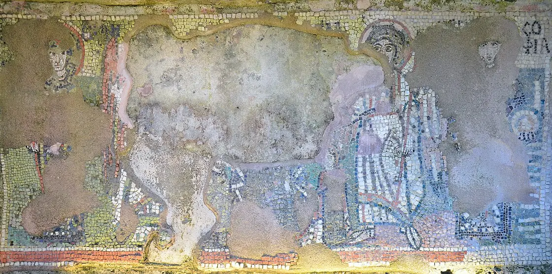 A wall mosaic in an early Christian chapel built into the Durrës amphitheatre