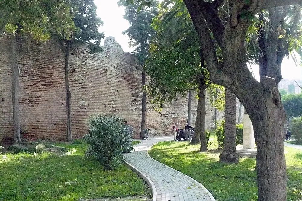 A thick, weathered stretch of the Byzantine city wall of Durrës