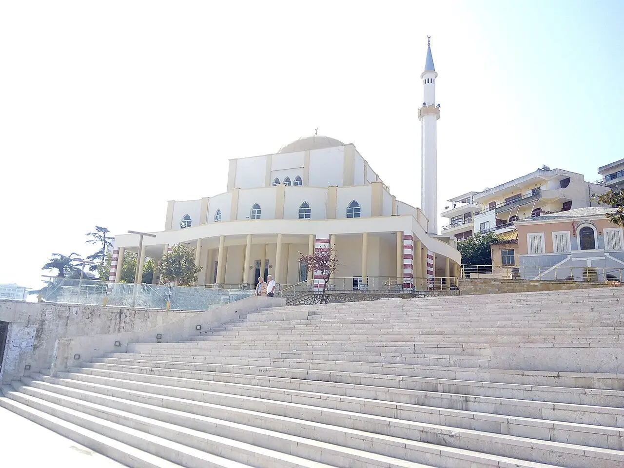 The stone minaret and dome of the Fatih Mosque in Durrës