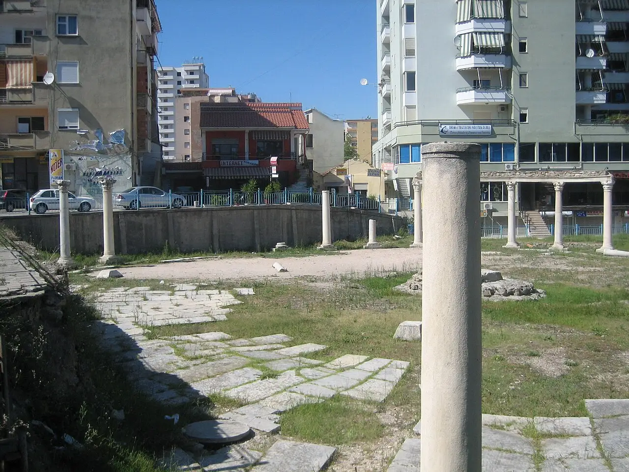 Excavated columns and stonework of the Roman forum and baths in central Durrës