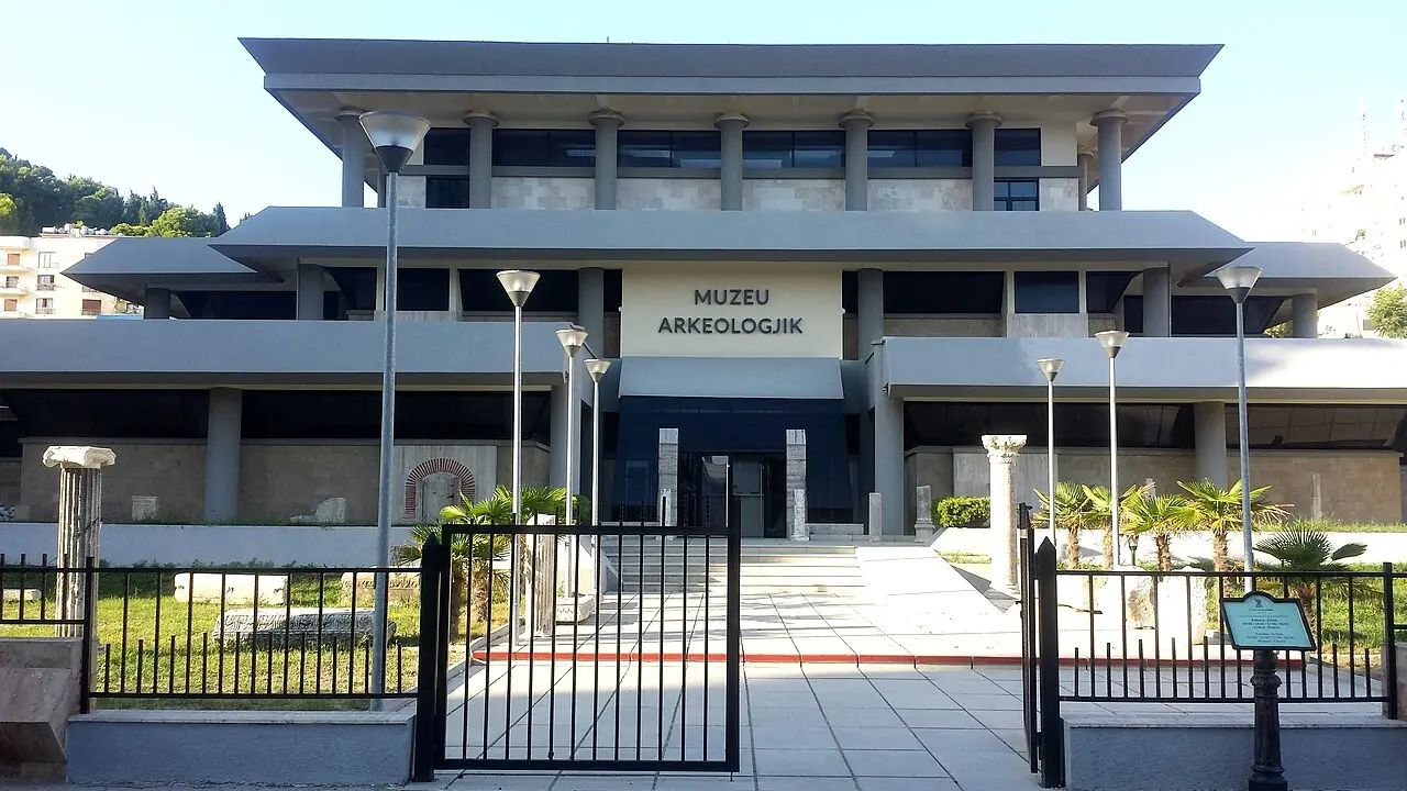 Display cases of ancient sculpture and artefacts in the Durrës Archaeological Museum