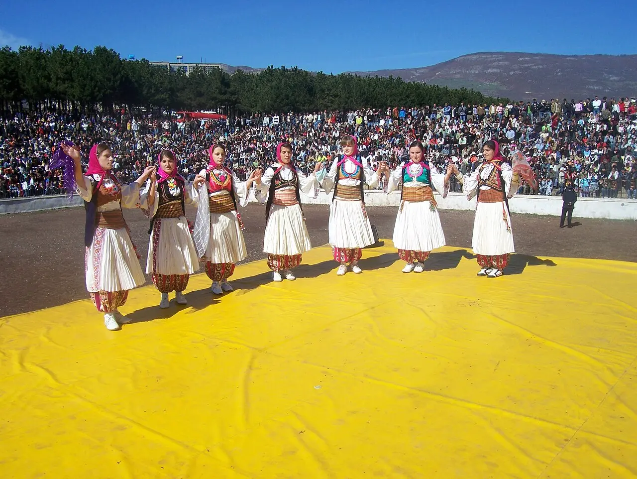 Dancers in traditional Albanian folk costume mid-performance