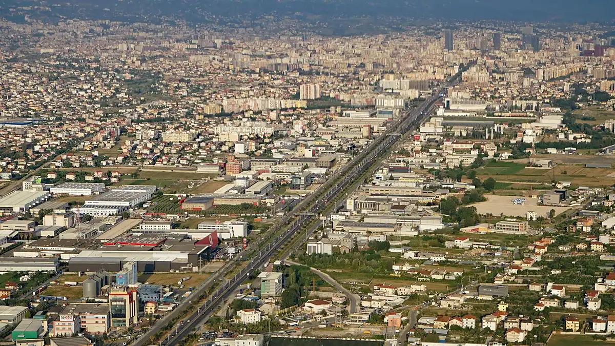 Aerial view over the Kashar area on the Tirana-Durres corridor west of the capital