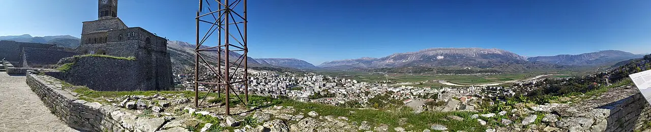 Wide panorama of the Drino valley and surrounding mountains seen from Gjirokastër castle