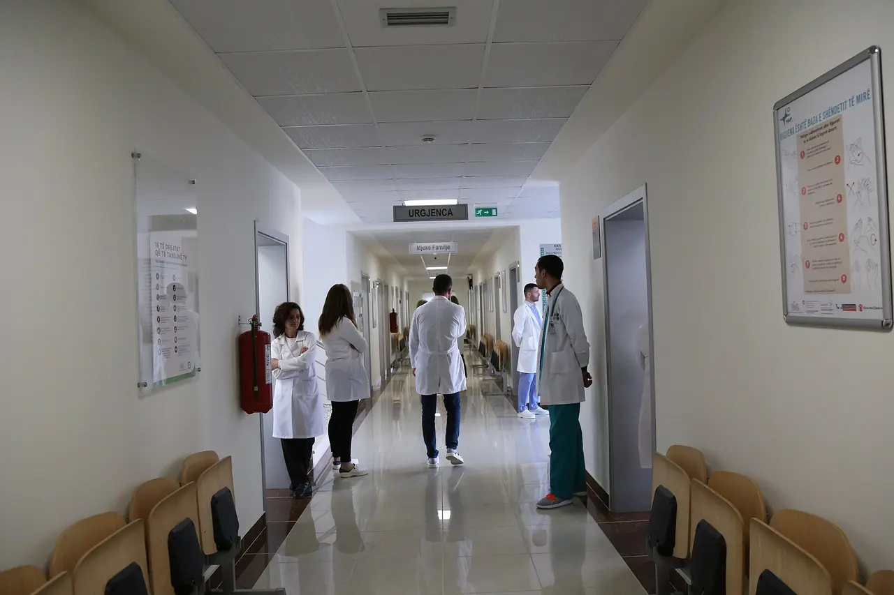 Bright corridor inside a renovated primary health centre in Patos, Albania