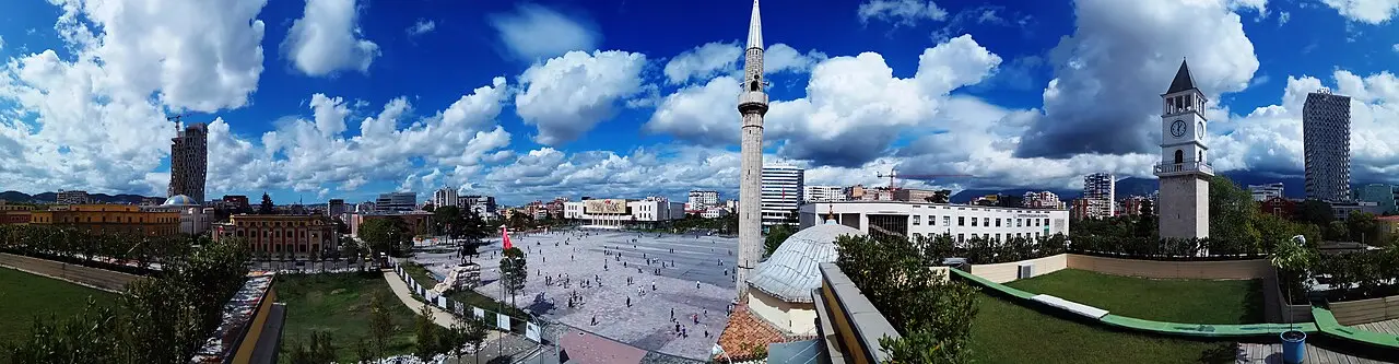 Panorama of Skanderbeg Square in central Tirana with the mosque minaret and clock tower