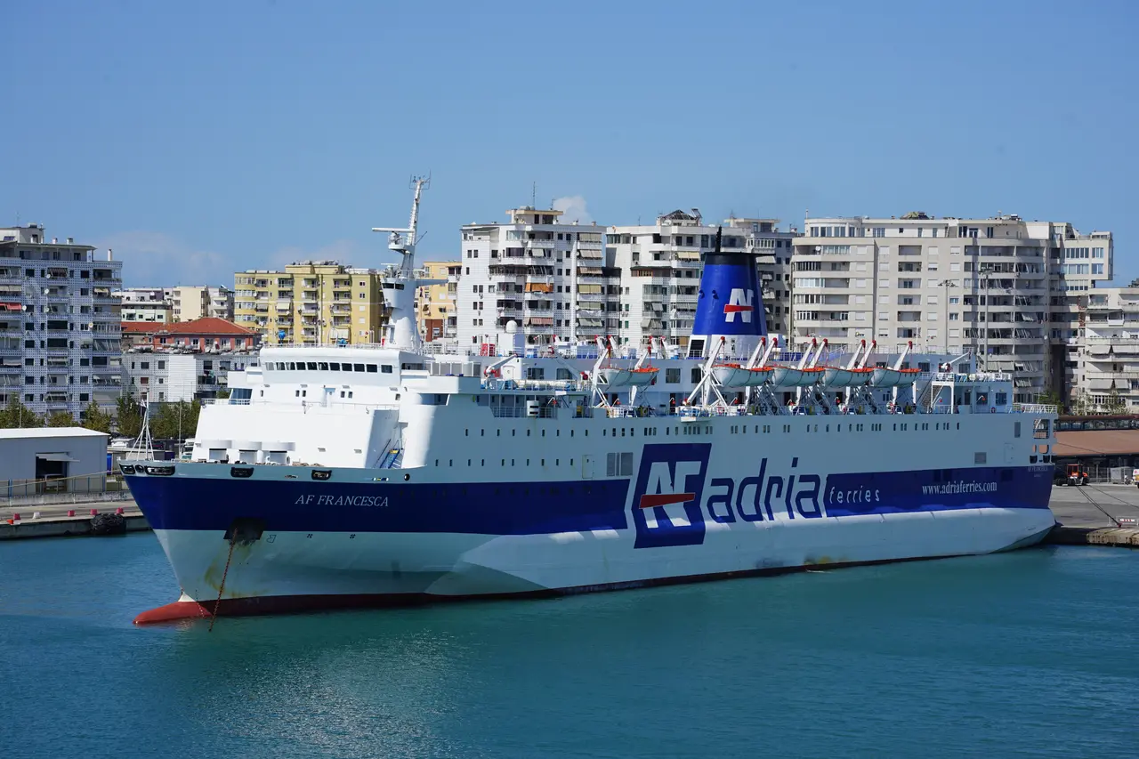 An Adria Ferries ship docked at the port of Durrës in Albania