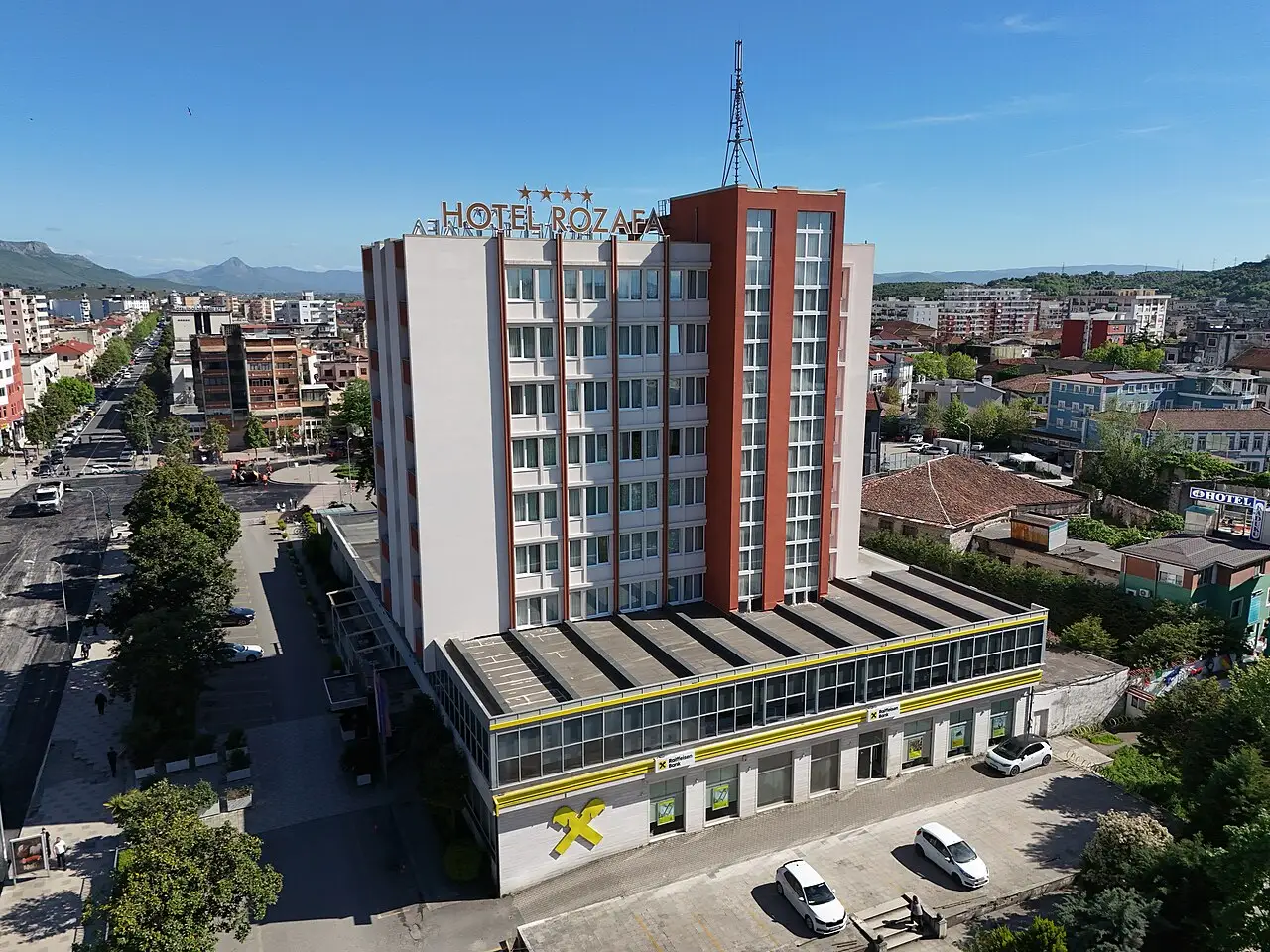 Hotel Rozafa building in central Shkodra, the usual pickup point for Theth shuttles