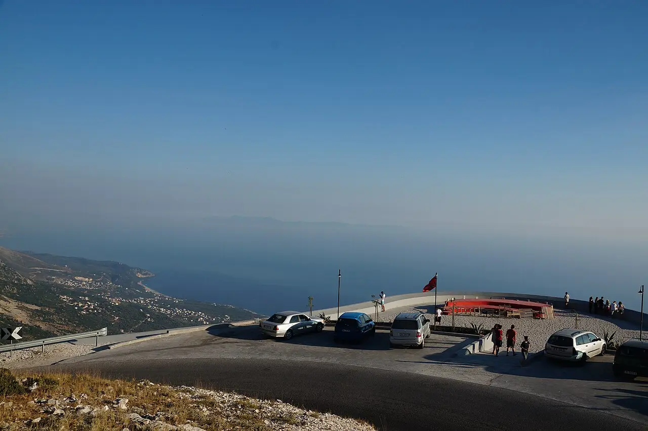 The view from the Llogara Pass viewing platform down to the Albanian Riviera coast