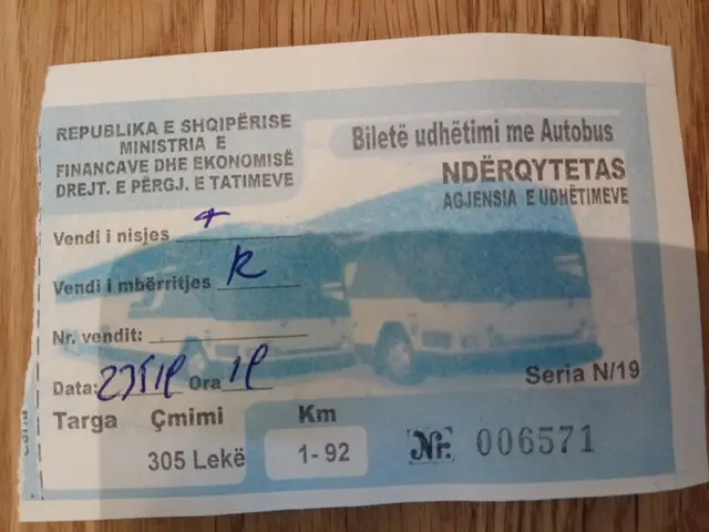 A paper ticket for the Tirana city centre to Tirana Airport bus line with Albanian text and fare information