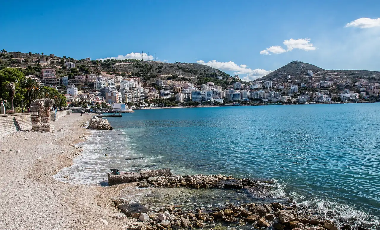 The town of Saranda wrapped around its bay on the Ionian Sea in southern Albania