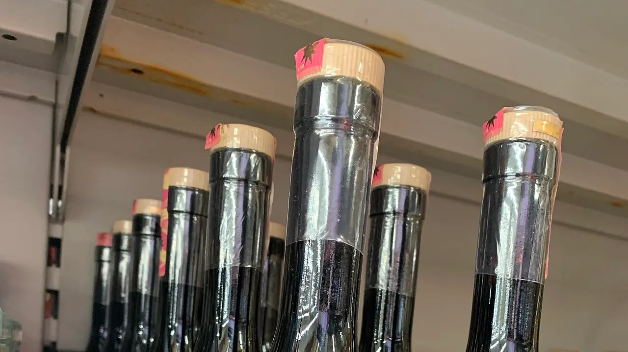 Bottles of Albanian raki lined up on a shelf