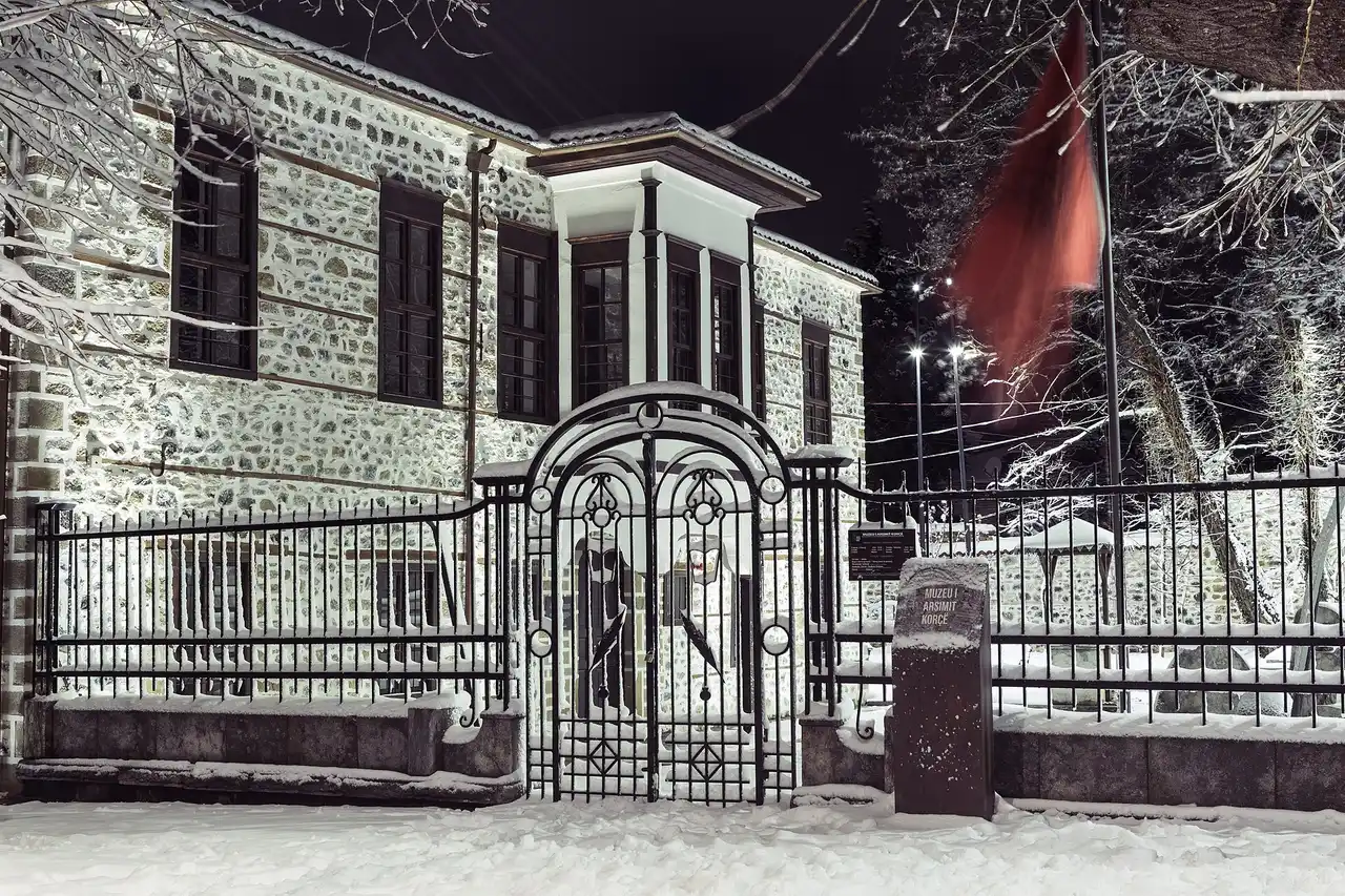 The historic Mësonjëtorja school building in Korça, now an education museum